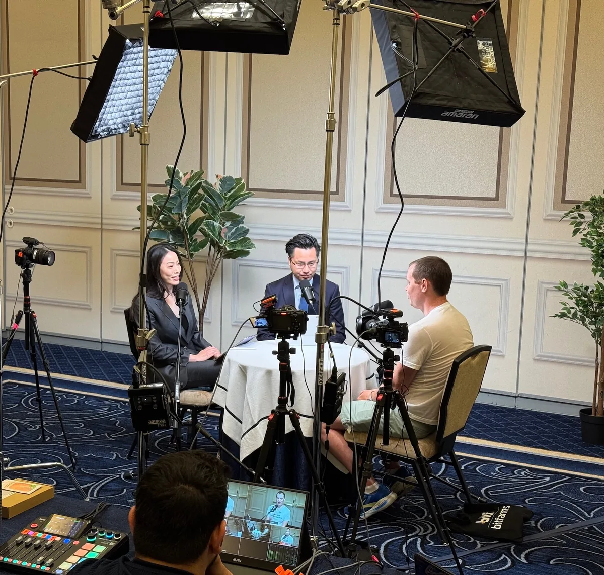 Benjamin Cowen being interviewed on camera for The David Lin Report